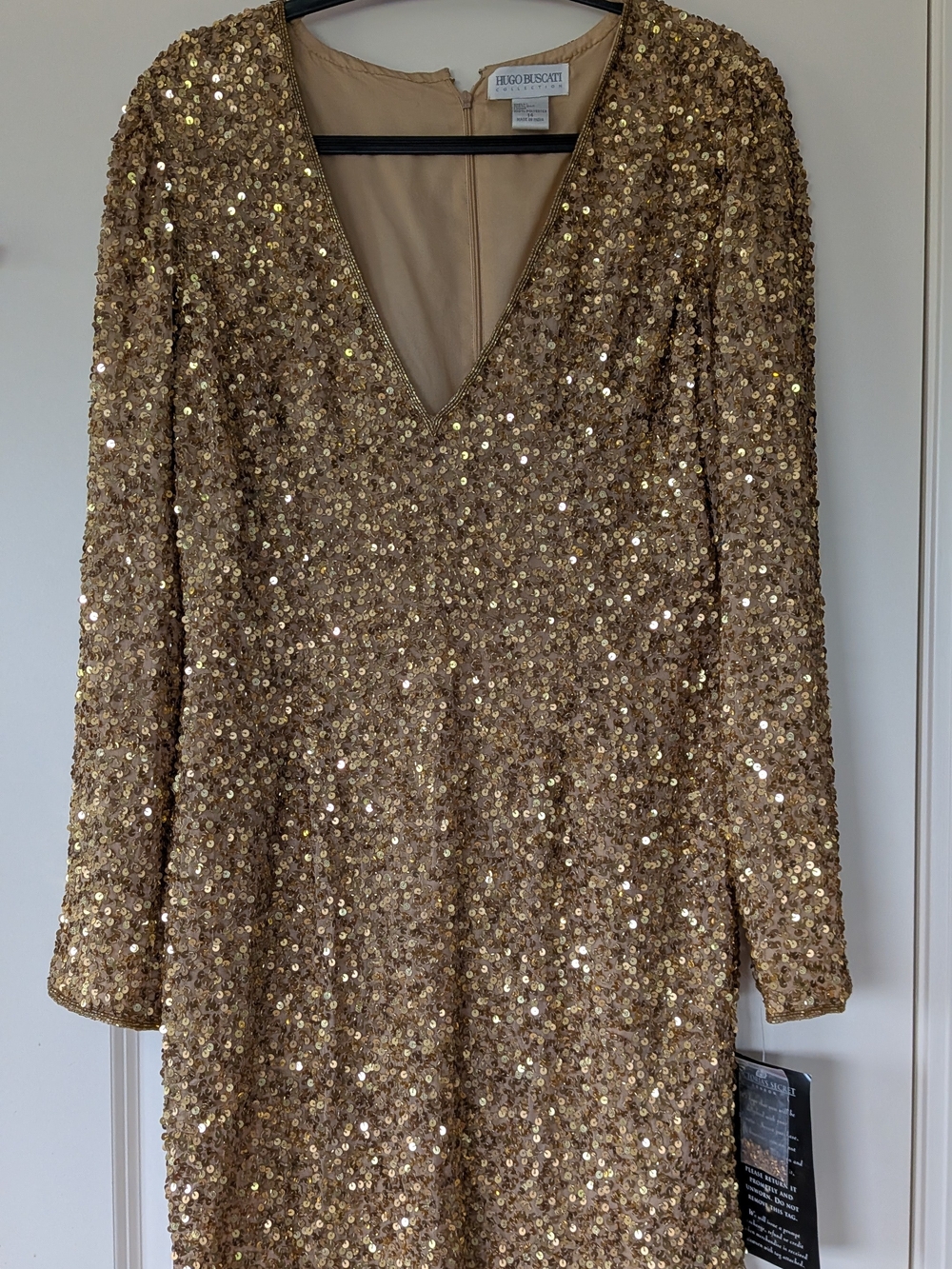 Vintage Hugo Buscati Gold Sequin Long Sleeve V-Neck Dress